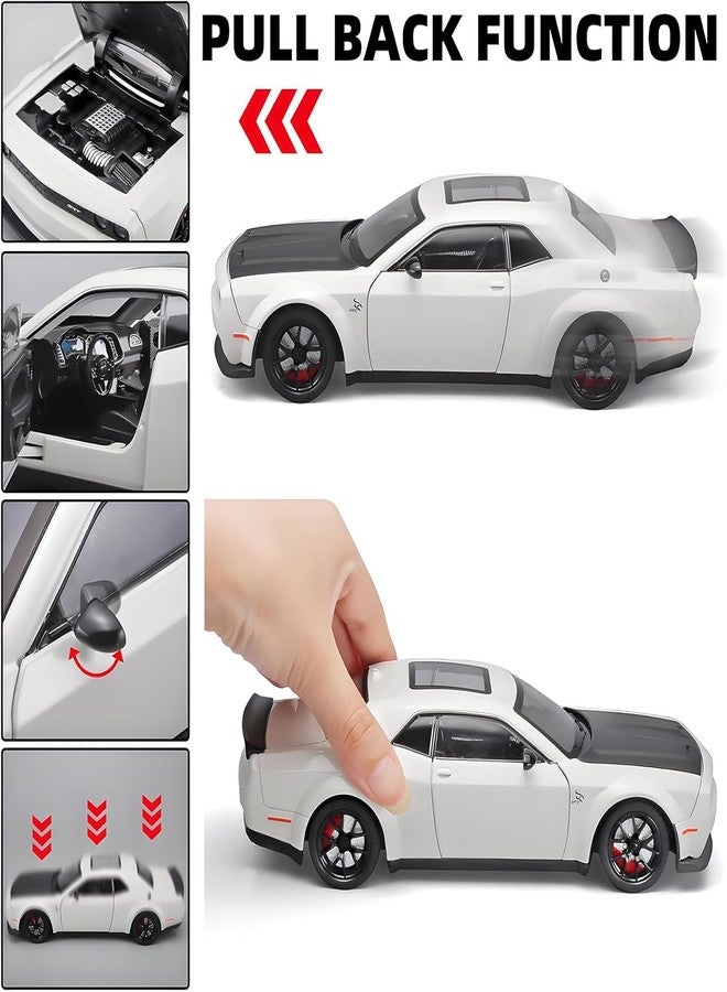 KENIRY1:24 Scale Exclusive Alloy Metal Pull Back Die-cast Car Model with Sound Light Mini Auto Toy for Kids Metal Model Toy Car with Sound and Light (1.24 Dodge Challenger-[White&Black]) - Image 3